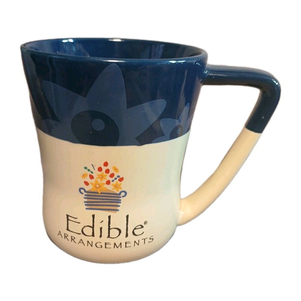 Edible Arrangements Large Coffee Cup Mug Basket Logo Stoneware Blue Cream